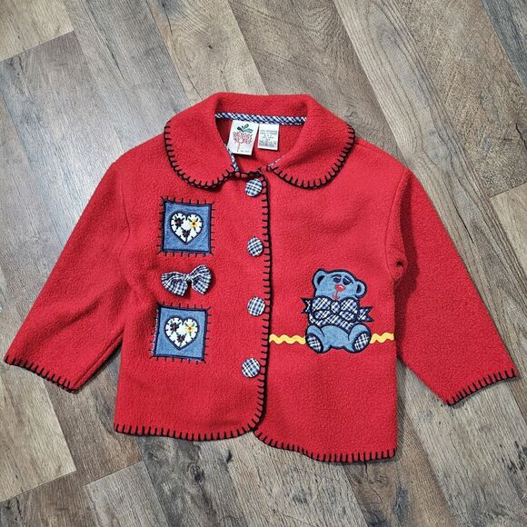 Vintage 80s Radishes & Roses Girl's 3T Red Fleece Cardigan Jacket with Patches - Picture 1 of 8